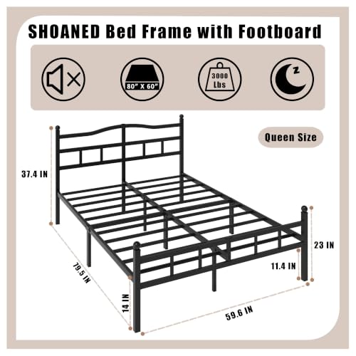 SHOANED 14 Inch Metal Bed Frame - Queen Size Heavy Duty Bedframe with Headboard & Footboard Black Basic Steel Slats Platform No Box Spring Needed/Easy Assembly/Noise Free - size: Queen, style: 14 Inch with Footboard