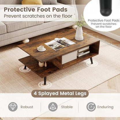 GOFLAME Wood Coffee Table, 2-Tier Mid Century Modern Center Table with 2 Open Storage Compartments & Metal Legs, Rectangular Accent Tea Tables for Living Room, Home Office, Apartment, Rustic Brown - color: Rustic Brown