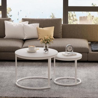 Nesting Coffee Table, 23.6" Round Coffee Table Set of 2, Wooden Nesting Table Set with Metal Frame, Side Tables for Living Room Bedroom Balcony, White - color: White