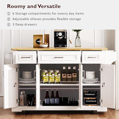 54inch Large Kitchen Island With Rubber Wood Drop Leaf,Embossed Texture Rolling Kitchen Cart On 4 Wheels With 4 Doors And 3 Drawers,Kitchen Island With Storage For Kitchen,Dining Room (White-0t) - color: White-0t)