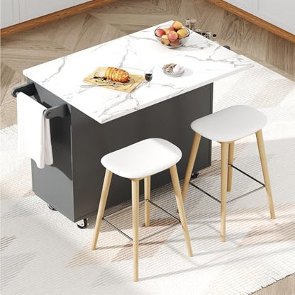 4 EVER WINNER 43" Kitchen Island with Drop Leaf, Rolling Kitchen Island | Modern Design, 4 Wheels, 3 Storage Drawers, Adjustable Shelf, Spice Rack & Towel Rack, Faux Marble Tabletop, Grey - style: Gray