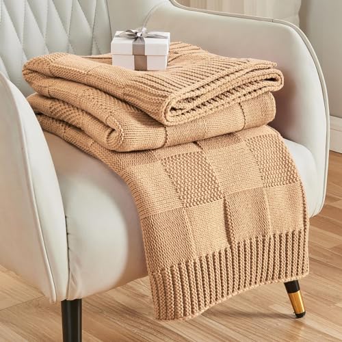 CozeCube Beige Knitted Checkered Throw Blanket 60"X80" | Check Knit Throw for Couch, Decorative Christmas Soft Cozy Warm Blanket for Bed Sofa Living Room - color: Beige, size: 60"X80"