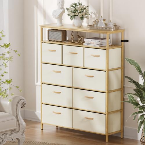 9 Drawer Fabric Dresser, Bamboo Fabric Drawer Dresser, Large Capacity Storage, for Bedroom and Living Room - size: 11.8"D x 39.6"W x 40.2"H (9 Drawers)
