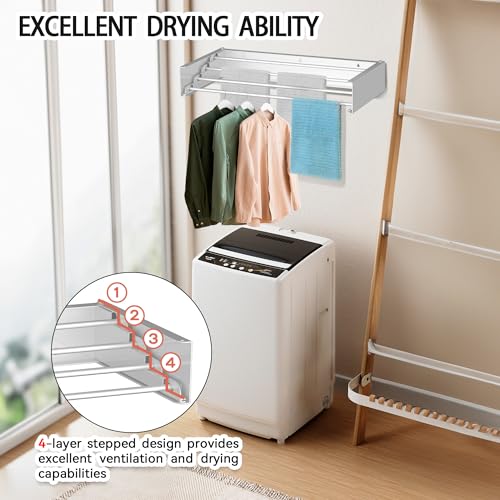 Laundry Drying Rack Wall Mounted Clothes Drying Rack White,23.6" | Collapsible Drying Rack With 4 Aluminum Rods and Drilling Template Long Screwdriver Bit 60 lbs Capacity - color: White, size: 23.6"