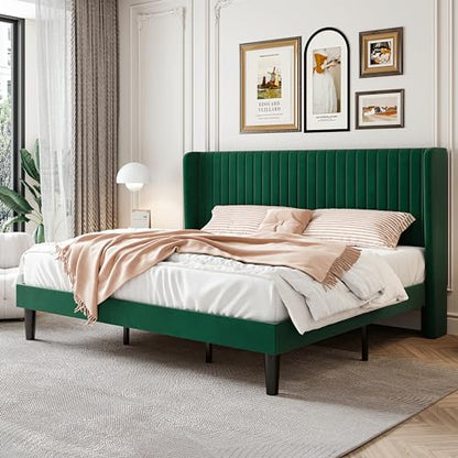 SHA CERLIN King Size Velvet Bed Frame, Tufted Wingback Headboard, Green | 47'' Modern Vertical Channel Headboard, Upholstered Platform Bed, Wood Slats, No Box Spring Needed, Easy Assembly, Noise Free - color: Green, size: King