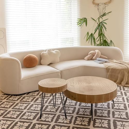 COZAYH 2-Piece Round Nesting Coffee Table Set, Natural Wood Top with Black Metal Legs, Ring Pattern – Rustic Farmhouse Accent for Living Room or Bedroom – Space-Saving Modern Furniture - color: Ring Pattern