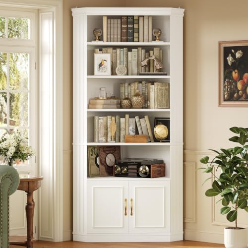 83” Tall Corner Bookshelf with Storage Cabinet, L-Shaped 5 Tier Bookcase Open Racks, Classical Style Bookshelves Adjustable Shelves, Home Office, Living Room & Kitchen - color: White