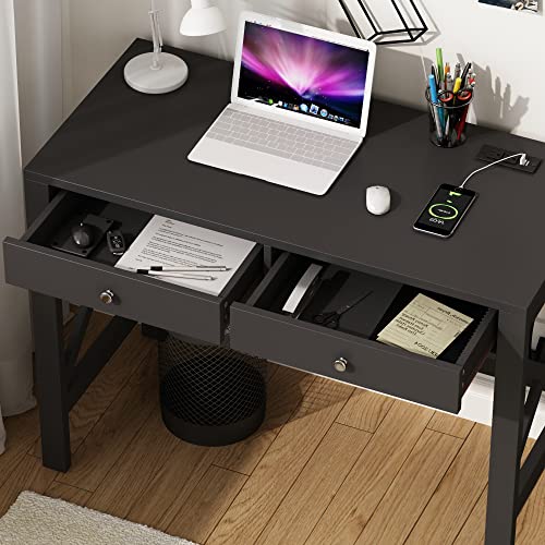 ChooChoo 40 Inches Farmhouse Computer Desk with 2 Drawers & Power Outlets | Wooden Writing Desk, Study Desk for Home Office, Makeup Vanity, Black - color: Black, size: 40inch with Power Outlet