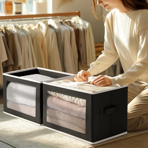 Storage Boxes with Lids - 4 Pack Fabric Clear Window Storage Bins, Large Decorative Storage Bins with Handles, Linen Closet Organizer for Clothes, Towel, Blanket, Black - color: Black, size: XL(4-Pack)