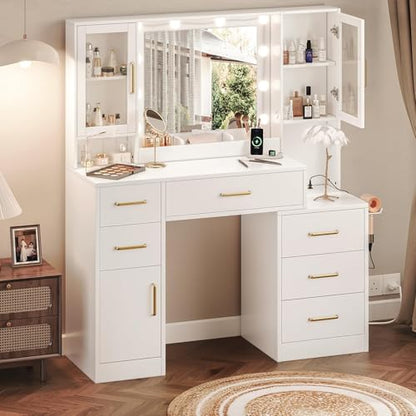 TOKSOM 51" Vanity Desk with Mirror and Lights & Charging Station, Bedroom Dressing Table, Large Vanity Set, 6 Drawers and 2 Cabinets, Makeup Vanity Table with Charging Station, Without Stool - size: 51 inch, style: Modern White