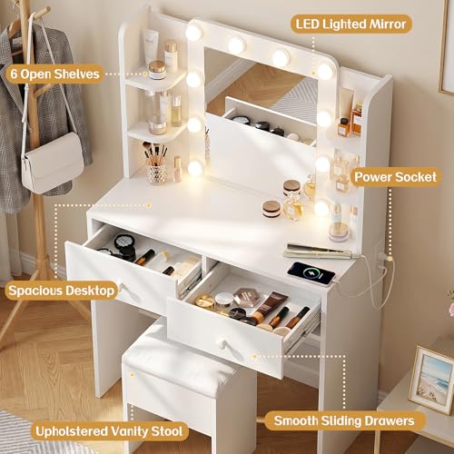 FUXA Makeup Vanity Desk with LED Mirror and Chair Set, White | 3 Lighting Modes, Built-in Charging Station, Storage Drawers and Shelves for Bedroom