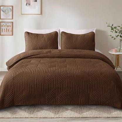 Exclusivo Mezcla Ultrasonic Twin Quilt Bedding Set, Brown | Lightweight Bedspreads, Soft Microfiber, Modern Geometric Coverlet, All Season Bed Cover, 1 Quilt and 1 Pillow Sham - color: Brown, size: Twin (68"x88")