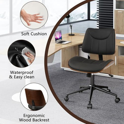 CLATINA Office Chair Armless with Wheels, Mid-Century Modern Walnut Desk Chair, Adjustable Height Reading Chair, PU Leather Mid Back & Swivel Computer Chairs for Home Meeting Room Bedroom, Black(4 PK) - color: Black Linear, size: 4 Pack