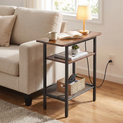 HOOBRO Side Table, Narrow End Table with Shelf and Charging Station, 3-Tier Bedside Tables with Wide Storage Tabletop for for Small Spaces, Living Room, Bedroom, Rustic Brown and Black BF366UBZ01 - color: Rustic Brown + Black