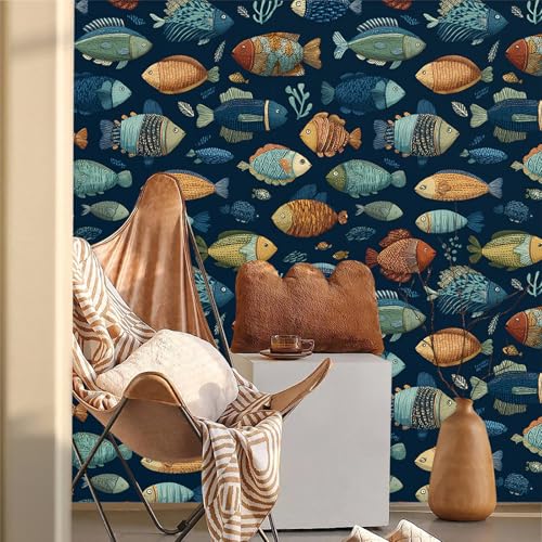 Deep Navy Blue Background Whimsical Underwater Tropical Fish Peel and Stick Wallpaper Easy Peel Off Contact Paper Stick on Adhesive Wall Paper for Bathroom Waterproof Renter 17.71"x118.1" - color: LD-143a, size: 17.7" x 118"