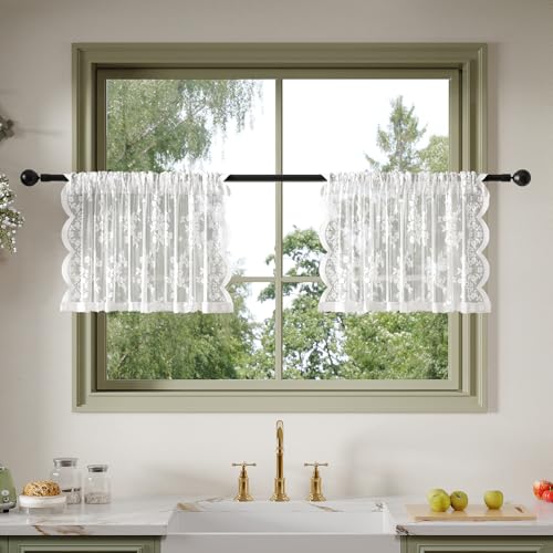 Anmao Vintage Lace Kitchen Curtains 18 Inches Long 2 Panels, Romantic Semi Sheer Floral Over Sink Lacy Cafe Curtain, Elegant Window Short Small Drapes, 55W x 18L, White Rose - color: White Rose, size: 55"W x 18"L (Pack of 2)