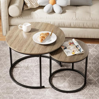 Nesting Coffee Table, 23.6" Round Coffee Table Set of 2, Wooden Nesting Table Set with Metal Frame, Side Tables for Living Room Bedroom Balcony, Brown - color: Brown