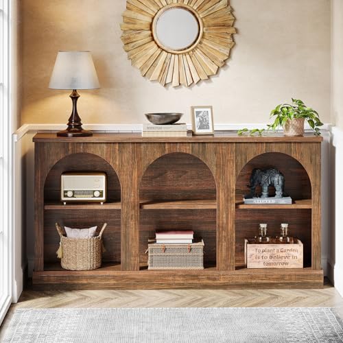 Tribesigns Console Table with Storage, 63" Long Arched Entryway Table | 3 Tier Wooden Farmhouse Rectangular Sofa Table Behind The Couch for Entrance, Hallway, Foyer, Living Room, Dark Brown - color: Dark Brown