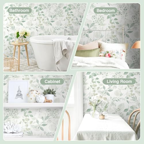Safiyya Light Green Leaf Wallpaper Peel and Stick Wall Paper Modern Boho Contact Paper 78.7" x 17.3" Self Adhesive Removable Wallpaper for Bedroom Bathroom Vinyl Rolls - color: Green and White, size: 17.3" x 78.7"