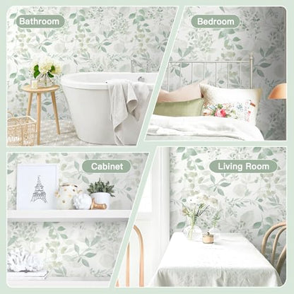 Safiyya Light Green Leaf Wallpaper Peel and Stick Wall Paper Modern Boho Contact Paper 197" x 17.3" Self Adhesive Removable Wallpaper for Bedroom Bathroom Vinyl Rolls - color: Green and White, size: 17.3" x 197"