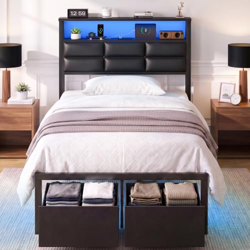 Twin Bed Frame with 2 Storage Drawers, LED Lights & Charging Station, Upholstered Headboard with Shelves, Heavy Duty Metal Platform, No Box Spring Needed, Noise Free, Easy Assembly - size: Twin