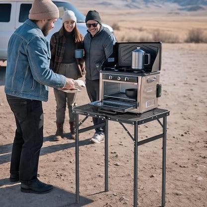 Folding Camping Table, 22.8"x15.7" Picnic Table, 3 Adjustable Height | 2-Fold Mesh Black Aluminum, Handle for Party Dining Garden Patio, Max 27.5" Folding Table