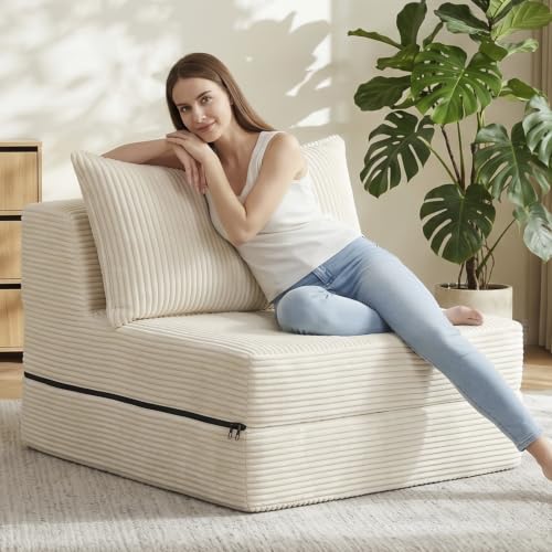Convertible Sofa Bed, Fold Out Loveseat Sleeper Sofa Chair with Pillow, Folding Sofa Bed with Back Support, Portable Chair Bed Comfy Floor Lounge Sofa for Living Room Bedroom Guest Room, Beige - color: Beige, size: Single