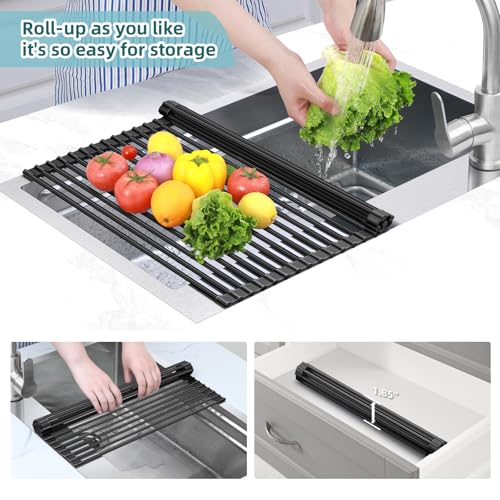 Ohuhu Over The Sink Dish Drainer Drying Rack, 17.6" W x 15.4" L Roll Up Dish Racks Kitchen Sink Organizer Silicone Wrapped Large in Sink Dish Drying Rack Foldable Rolling Drain Mats Anti-Slip - color: Black, size: 17.6"W x 15.4"L