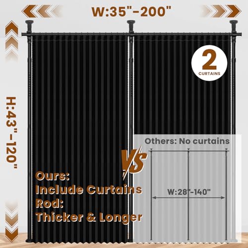 100% Blackout Room Divider Curtains Sets Black 2 Panels W100 x L84in No Drill Curtain Rods(H) 43-120×(W) 35-200 in for Studio Apartment Dorm Office - color: Black, size: 100"W x 84"L (Pack of 2)