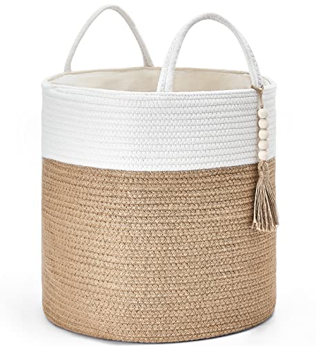 Mkono Woven Storage Basket for Blanket, Toys Plant Organizer, 15"W x 17.7"L | Cream White and Brown, Decorative Basket with Handle, Wood Beads Tassel, Shoes Towel Storage Bin, Living Room Bedroom Nursery - color: Cream White and Brown, size: 15" W × 17.7"