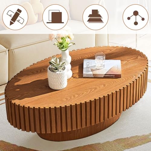 Oval Fluted Drum Coffee Table with Pedestal Base | 43.3'' Modern Wooden Drum Center Table, Handcrafted Solid Wood Fluted Edge, For Living Room & Apartment - color: Oval Wood