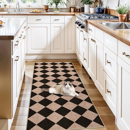 Easy Jute 2x5 Runner Rug: Non Slip Checkered Machine Washable Entryway Mats | Low Pile Indoor Doormat Kitchen Bathroom Carpet Dorms Small Spaces Ideal Young Families First Home Textured (Black/Brown,2x5) - color: Black/Brown, size: 2' x 5' (Rectangular)