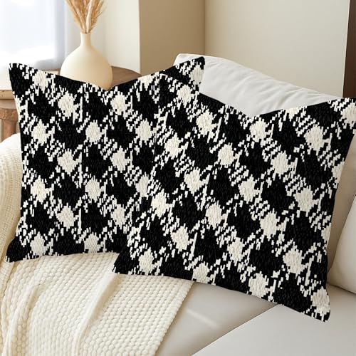Houndstooth Throw Pillow Covers Set of 2, Modern Contemporary Geometric Abstract None Black Soft Velvet Washable Decorative Pillow Cases for Home Bedroom Living Room Sofa Couch Decor 24x24 Inch - size: 24" x 24" (Pack of 2)