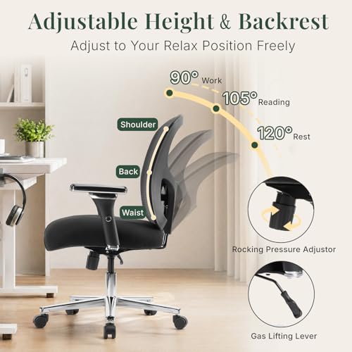 DUMOS Big and Tall Office Desk Chair, Ergonomic Mesh Computer Chair | Comfortable Lumbar Support, 4D Armrest, 500lbs Heavy Duty, Wide Seat, 360° Swivel Rolling Wheels, Adult, Ink - color: Ink