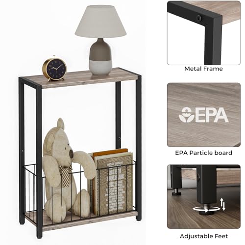 Homleke Narrow Side Table with Magazine Holder, Skinny End Table | Space-Saving Design, Small Spaces, Storage Shelf, Metal Frame, Easy Assembly, 7.1" D x 16.9" W x 23.6" H, Greige - color: Greige - Standard