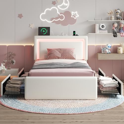 Twin Size Bed Frame with 4 Storage Drawers, Upholstered Headboard, White | Modern Bed, Charging Station, LED Light, Adjustable Height Headboard, Noise-Free, No Box Spring Needed, Easy Assembly - color: White, size: Twin