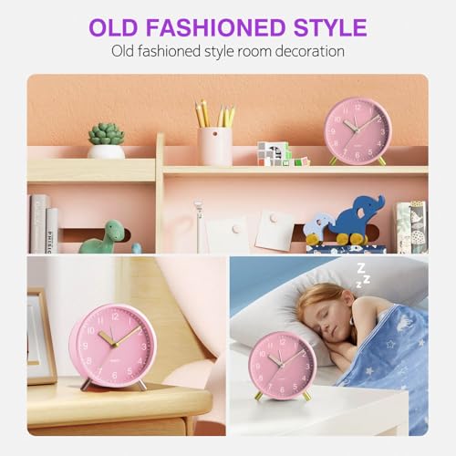 Back to School Silent Analog Quartz Alarm Clock for Kids Bedroom,Night Light, Battery Operated, Fashionable Round Metal - color: Pink