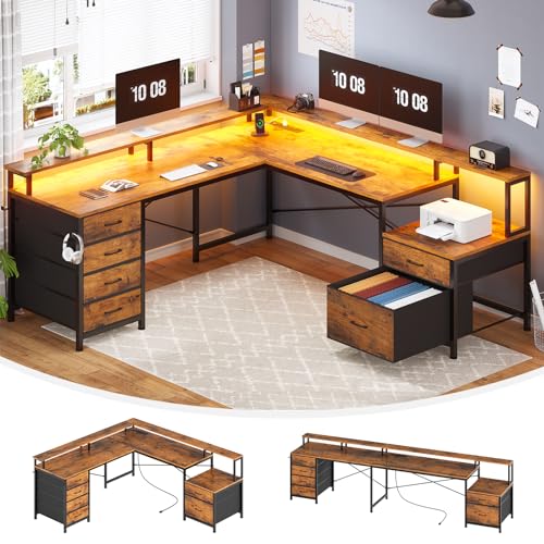 SEDETA L Shaped Computer Desk with 6 Drawer, File Drawer & Power Outlet | 108" Corner Desk with Monitor Shelf, File Cabinet for Home Office/Two Person, Gaming Desk with Led Lights, Rustic Brown - color: Rustic Brown