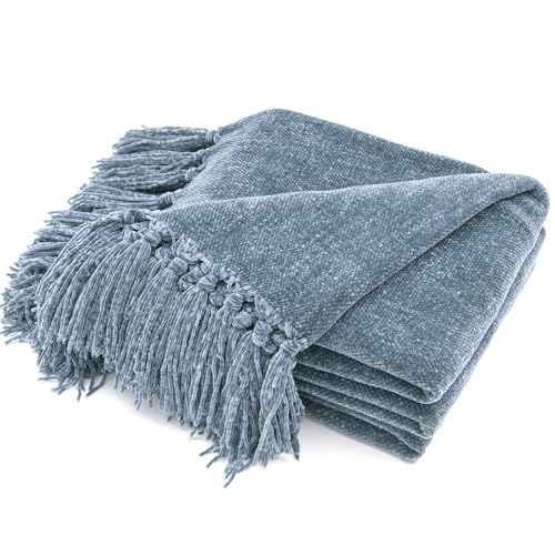 RECYCO Throw Blanket Soft Cozy Chenille Throw Blanket with Fringe Tassel for Couch Sofa Chair Bed Living Room Gift (Dusty Blue, 60'' x 80'') | Super Soft Knit Throw Blanket with Fringe Tassels, Lightweight Knitted Throw, Cozy, Ideal for Sofa Chair Bed Liv