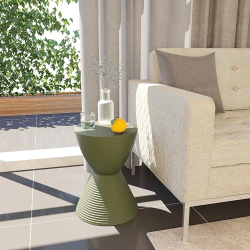 LeisureMod Modern Hourglass Side Table - ABS Shell Drum End Table with Storage for Indoor & Outdoor Use, Olive Green - color: Olive Green