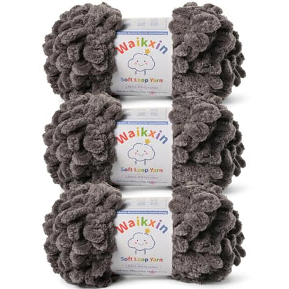 Super Soft Loop Yarn for Finger Knit, 3 Pack of 7.05oz/19.5yds Each, Chunky Blanket Yarn for Hand Knitting, #7 Jumbo Chenille Yarn, Fluffy Baby Blanket Yarn for Crochet Amigurumi (3 Dark Gray) - color: 3 Dark Gray