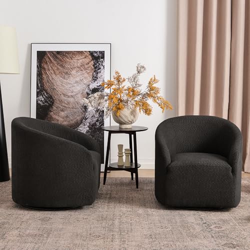KINWELL 32" Wide Modern Boucle Swivel Barrel Chairs Set of 2, No Assembly Round Upholstered Swivel Accent Armchairs for Living Room, Bedroom (Black) - color: Black, style: Set of 2