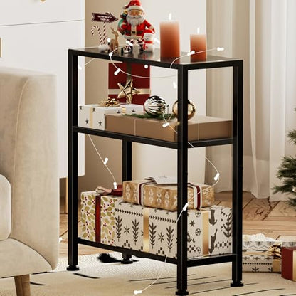 Narrow Side Table Set of 2 for Small Space, 2-Tier Small End Table with Shelf Holder, Slim Nightstand, Skinny Snack Couch Table in Living Room, Bedroom, Study, Kitchen and Balcony (Black) - color: Black