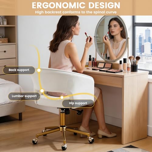Home Office Desk Chair, Vanity Chair with Back 360 Swivel Armchair and Gold Base, Velvet Criss Cross Chair with Wheels for Vanity Home Office, Living Room, Bedroom and Study (Beige) - color: Beige