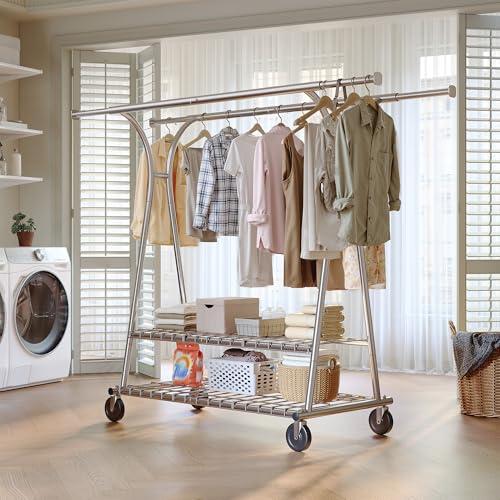 Raybee Heavy Duty Clothes Rack, 78" W Extra-Large Loads 630LBS, Expandable | Tool-Free Assembly, Double Rods & Shelves, Lockable Wheels, Commercial, Portable, For Closet, Laundry Room