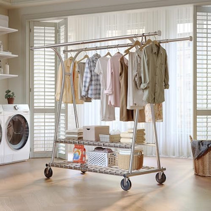 Raybee Heavy Duty Clothes Rack, 78" W Extra-Large Loads 630LBS, Expandable | Tool-Free Assembly, Double Rods & Shelves, Lockable Wheels, Commercial, Portable, For Closet, Laundry Room