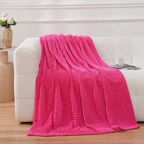 Puncuntex Fleece Throw Blanket Hot Pink 50"×60" with Square Grid Design | Super Soft Plush Cozy Flannel Throw Blanket Luxury for Couch Sofa Chair - color: Hot Pink, size: 50"×60"