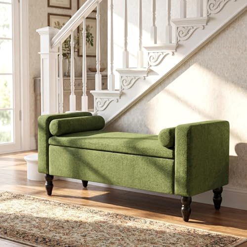 End of Bed Bench for Bedroom, 45.7" Linen Storage Ottoman Bench with Removable Pillows, Upholstered Entryway Bench with Solid Wood Legs, Storage Cabinet for Bedroom, Living Room, Entryway, Green - color: Green