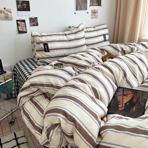 Striped Duvet Cover Twin Size Brown Blue Stripes Bedding Set Retro Striped Geometric Pattern Duvet Cover Set Soft Lightweight Microfiber Quilt Cover with Zipper Closure and 1 Pillowcase - color: Brown Blue Striped, size: Twin (1 Duvet Cover + 1 Pillowcase