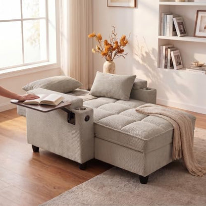 Convertible Sleeper Chair, Pull Out Sofa Bed with Adjustable Backrest & Hidden Storage Armrest, Single Sofa Recliner with USB Charging Port & Cup Holders for Living Room, Bedroom, Khaki - color: C-khaki-i3